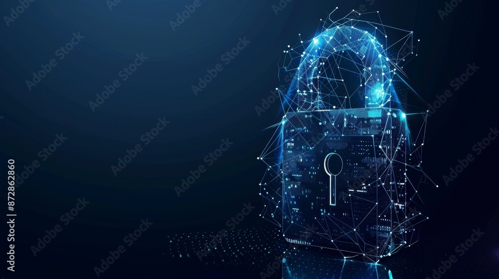 Poster an illustration of a cyber safety padlock on a data mass with a low polygonal future innovation tech