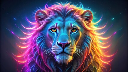 Neon lion with big glowing eyes, neon, lion, wild animal, fluorescent, glowing, eyes, vibrant, colorful, predator, feline