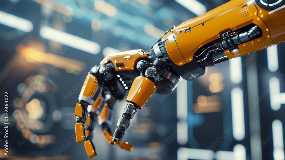 Poster a realistic robotic arm infused with elements of industry 4.0
