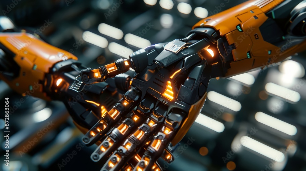 Poster Automation and technology are the future of factories and manufacturing plants in the future. Robotics and automation control manipulator arms. Abstract holographic display. Industry 4.0.