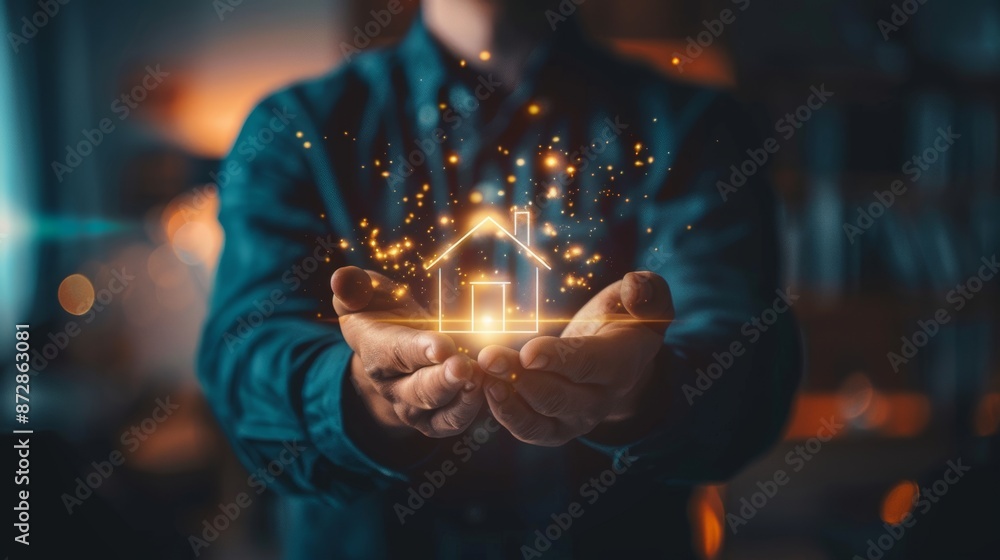 Leinwandbilder an icon of a smart home system on the screen of a smartphone in hand. icons of domestic appliances o