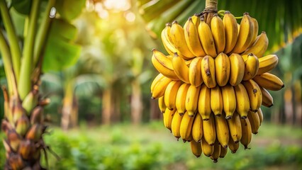 Naklejka premium Cluster of ripe bananas hanging on tree branch, tropical, fruit, agriculture, organic, healthy, harvest, cluster, yellow