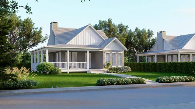 Animation of modern style luxury cottage tiny house in small village 3d render There is a road in front surrounded by nature.