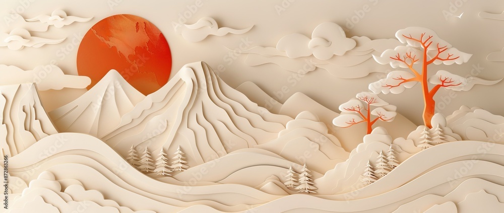 Poster a modern japanese card pattern with a gold line background. the design includes a bonsai, a bird, a 