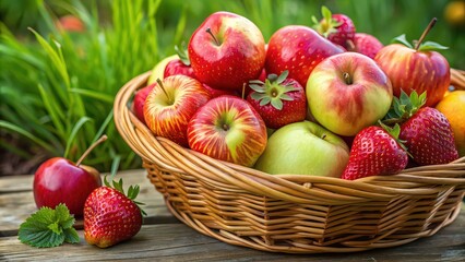 A close-up shot of a colorful basket filled with fresh apples and ripe strawberries, fruit, healthy, food, organic, harvest