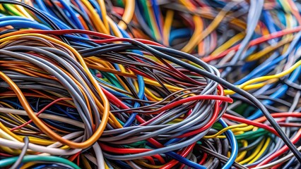Close-up of tangled cables and wires , technology, network, internet, connection, communication, chaos, messy