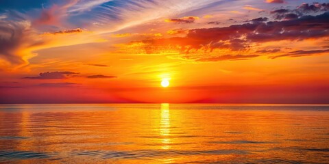 Fototapeta premium Beautiful sunset over calm sea with orange and pink sky and bright yellow sun, sunset, sea, calm, sky, orange, pink, yellow