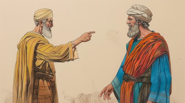 1 Kings,Naboth&rsquo;s Vineyard,Elijah Confronting Ahab, Biblical Illustration, Themes of Justice and Divine Judgment, Beige Background, Copyspace