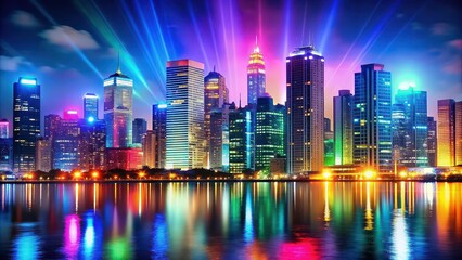 Fototapeta premium Bright, colorful lights on city buildings at night , cityscape, urban, night, illuminated, architecture, skyline