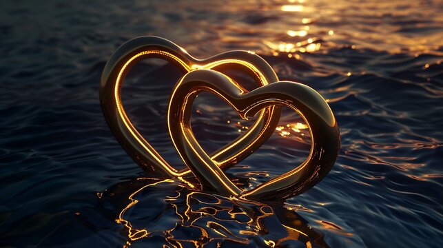 A pair of intertwined golden hearts floating above a sea of darkness, bound together by an eternal love. - Powered by Adobe