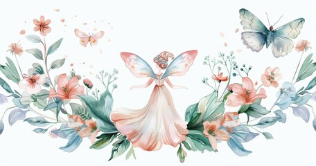 The illustration set depicts a flower frame encircled by fairies in watercolor