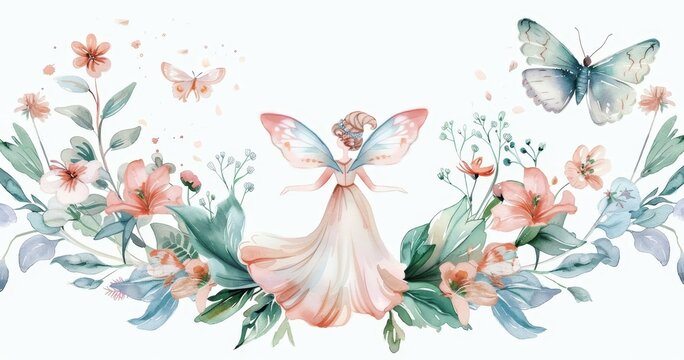 The illustration set depicts a flower frame encircled by fairies in watercolor