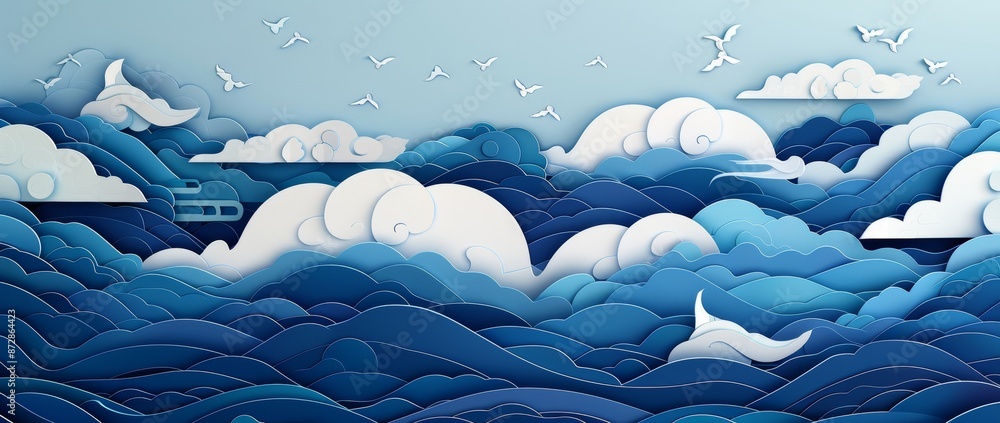 Aufkleber an abstract painting template with a japanese wave pattern. illustration of a modern ocean in a vint