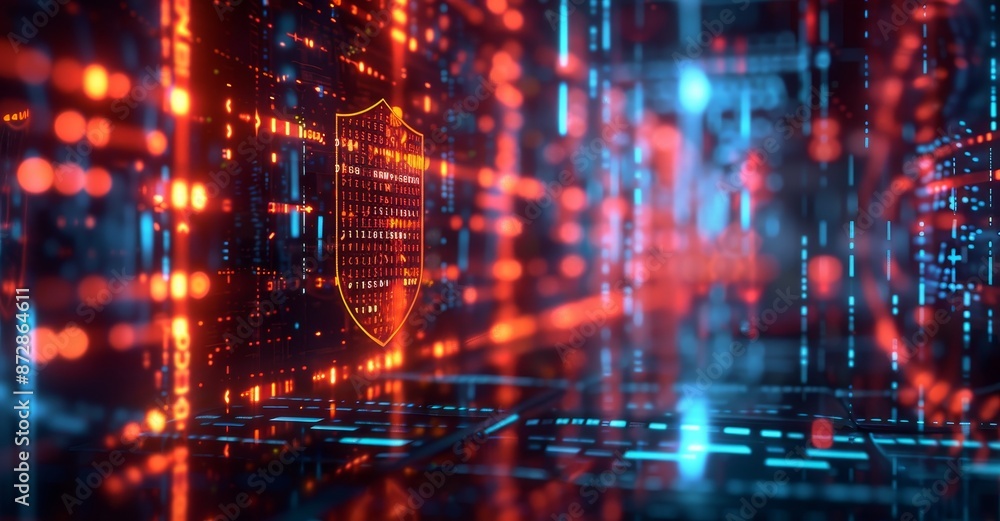 Aufkleber against a background of big data, neon shields. encryption to protect information. 3d artwork of cyb
