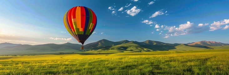 Naklejka premium Colorful Hot Air Balloon Soaring Over Green Meadow and Mountains on a Sunny Day