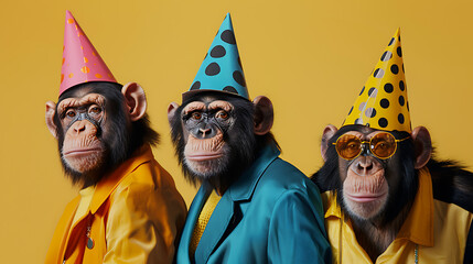 Obraz premium Ape in a group, vibrant bright fashionable outfits isolated on solid background advertisement, birthday party invite invitation banner 
