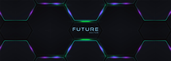 Dark hexagon gaming abstract vector background with green and purple colored bright flashes. Hexagonal gaming vector illustration wide backdrop.