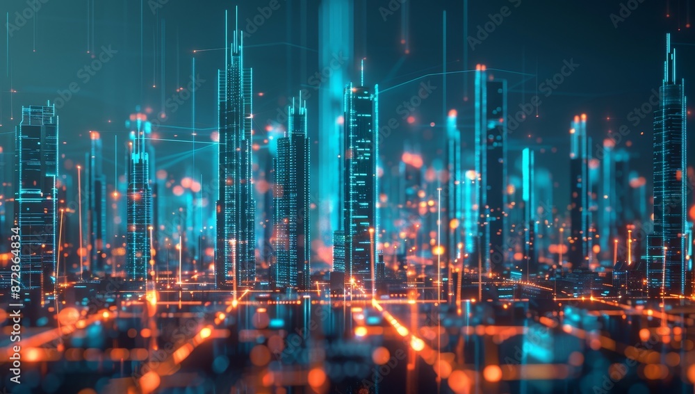 Aufkleber conceptual image of a smart city with big data. blue neon colors. concept of connection technology m