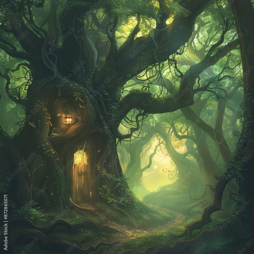 Wall mural the portal is made with tree branches in a forest with a shady green glow. it opens up to an alterna