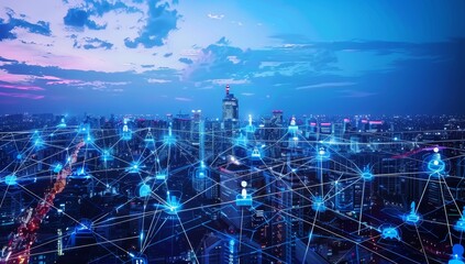 Obraz premium A futuristic illustration of smart city technology and digital data transfer. Smart city, Internet of Things, smart life, information technology.
