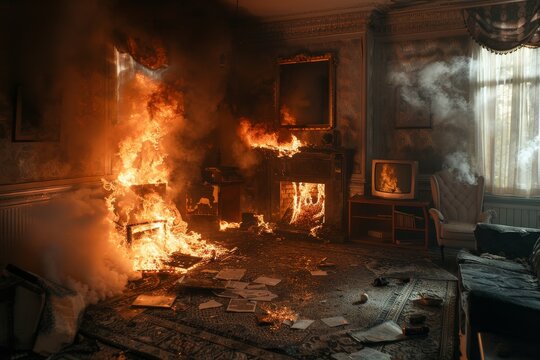 In a burning room with an overheating TV and thick smoke covering the furniture, flames engulfed the house and clouds of black smoke filled the room 3D illustration