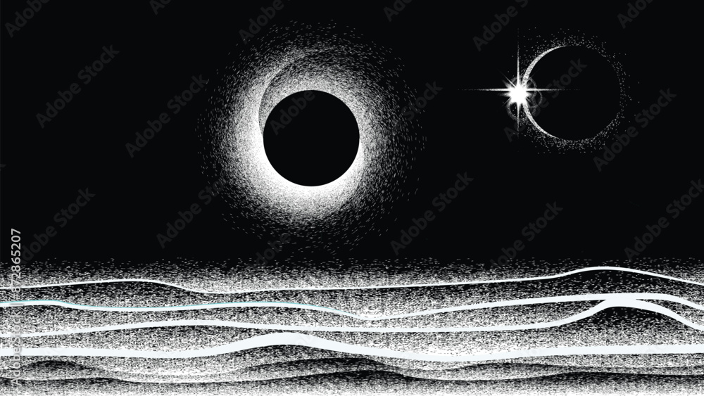 Wall mural stars and exoplanet in outer space. futuristic landscape, with noise texture . night landscape with 