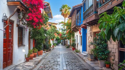 Naklejka premium Ottoman houses on the main pedestrian street in Antalya Old Town Kaleici district, Turkey