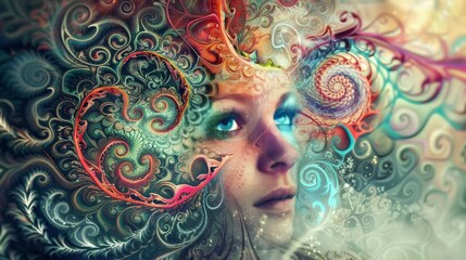 Illustrate a psychedelic portrait of a person with kaleidoscopic eyes, their hair transforming into swirling, multicolored patterns that merge with a fractal background.