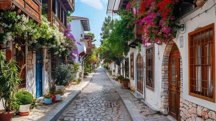 Fototapeta premium Ottoman houses on the main pedestrian street in Antalya Old Town Kaleici district, Turkey
