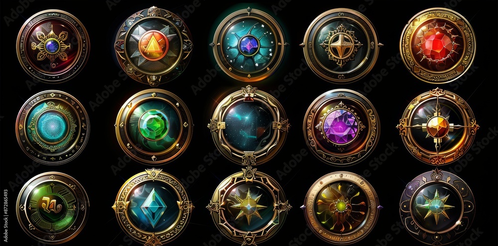 Poster ui game borders evolution medieval ancient facecam menu with circle metal frames. children's play te