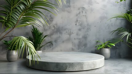 stone podium and green palm leaves, minimalistic style, product presentation mock up, front view