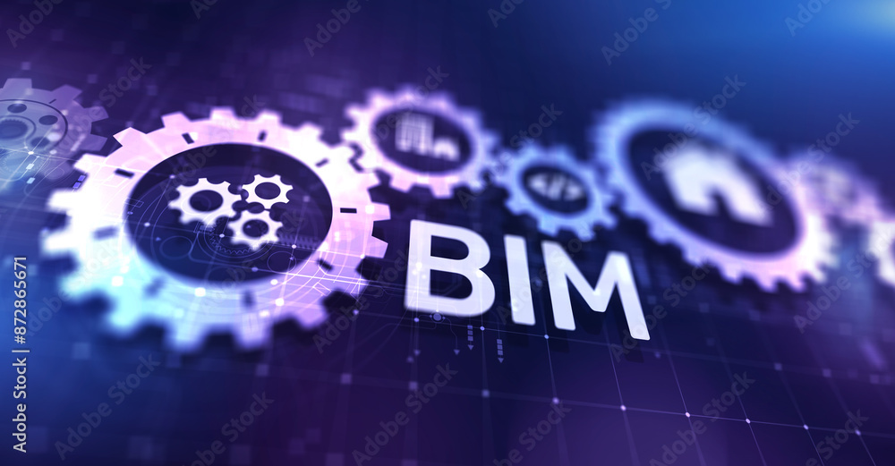 Poster bim building information modeling technology concept on virtual screen.