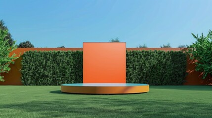 Elegant podium on luxurious lawn, vibrant billboard mockup, and sophisticated color scheme. Perfect for elite gatherings.