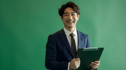 Smiling Hallyu Businessman Holding Clipboard in Neo Pop Style on Green Background