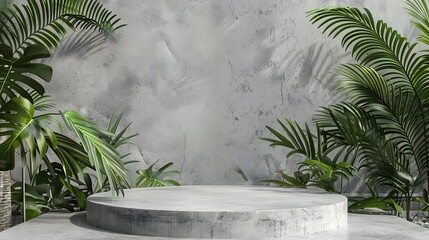 stone podium and green palm leaves, minimalistic style, product presentation mock up, front view