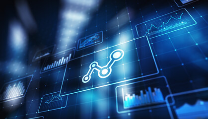 Big data analysis, business intelligence, technology solutions concept on virtual screen.