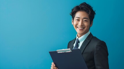 Smiling Hallyu Businessman Holding Clipboard in Neo Pop Styled Corporate Portrait Against Vibrant Blue Background