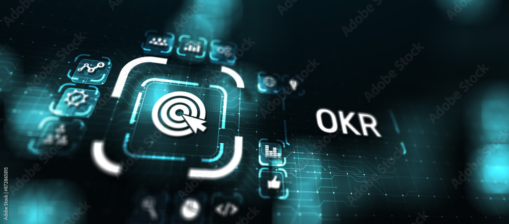 Poster objective key results business technology process improvement concept on virtual screen.