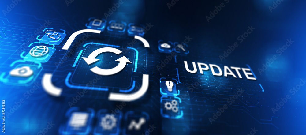 Poster update system upgrade software version technology concept on virtual screen.