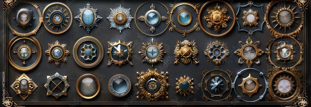Poster an isolated gray background with a set of cartoon of game circle metal frames on it.