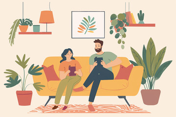 Illustration of a couple relaxing on a sofa in a modern, plant-filled living room.