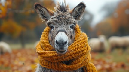 Fototapeta premium Donkey Wearing Yellow Scarf in Autumn Field