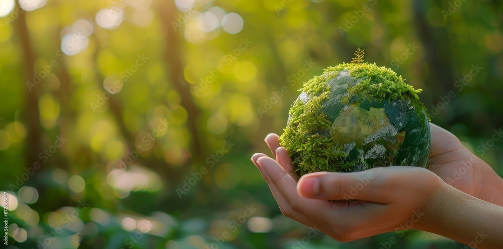Poster green forest at the top with a globe in your hand.