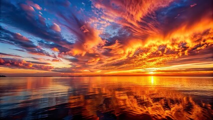 Vibrant sunset over the horizon with fiery clouds reflecting off the water , sky, sunset, fire, clouds, vibrant, horizon
