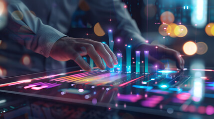 A businessman investment consultant analyzing a company financial report and balance statement, working with digital augmented reality graphics. This 3D illustration concept represents