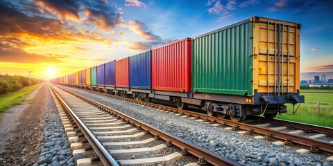 Obraz premium Train passing through railway tracks with colorful containers, freight, transportation, logistics, cargo, shipment
