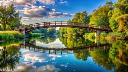 A scenic bridge over a tranquil river , bridge, water, crossing, architecture, connection, nature, outdoor, sky, clouds