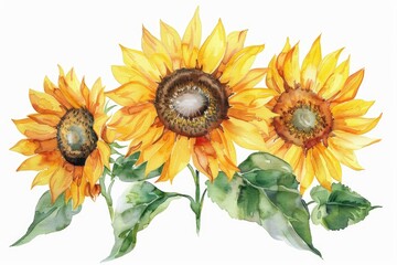 Obraz premium Sunflowers on a white isolated background, watercolor illustration. Yellow flowers. 