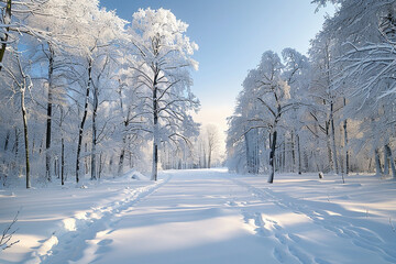 Obraz premium A snowy forest path surrounded by trees covered in fresh snow. The image captures the tranquility and beauty of winter.