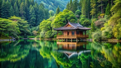 Chinese house nestled in a forest by a serene lake, Chinese, house, forest, lake, tranquil, peaceful